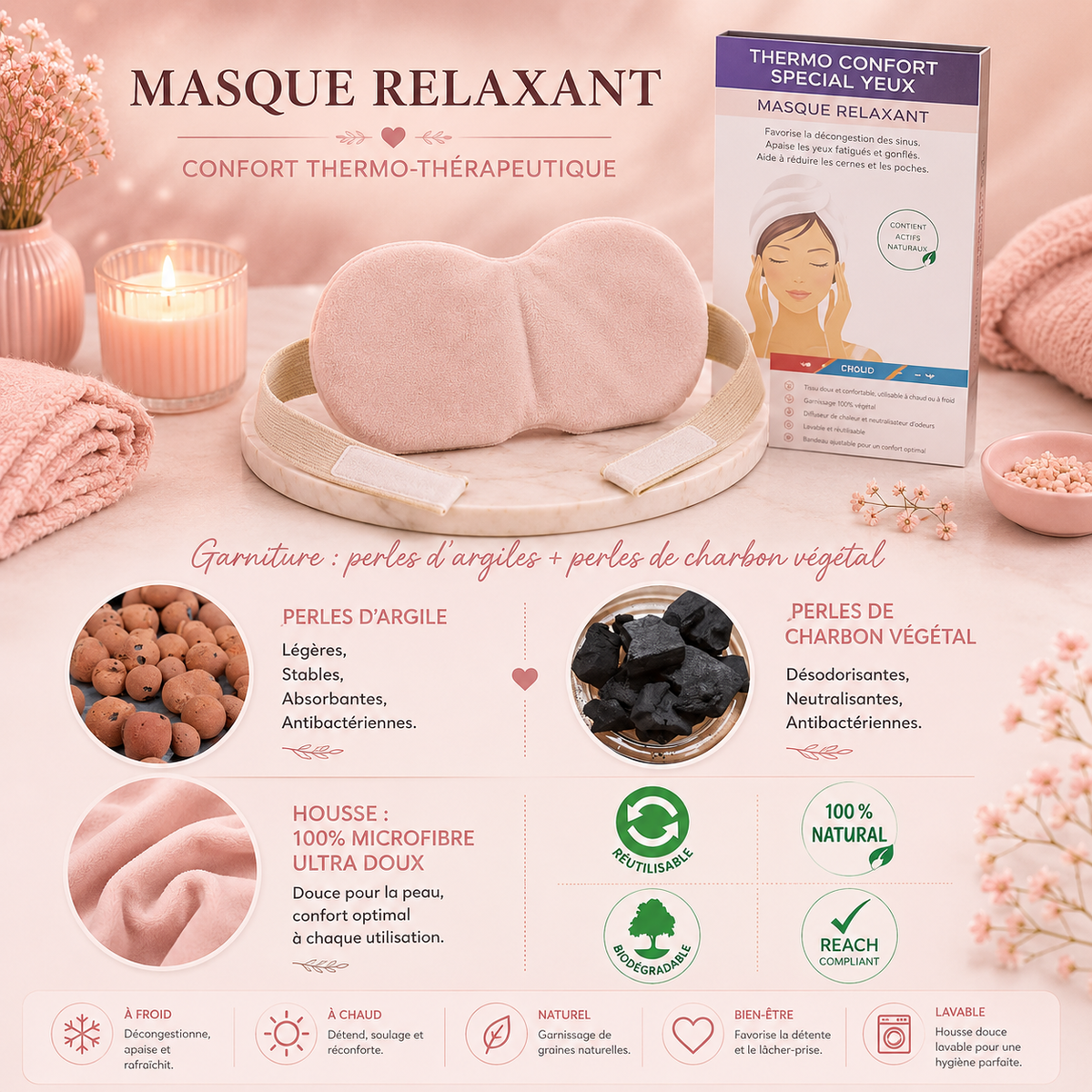 Masque yeux relaxant chauffant Thermo Confort - Naturel en perles d'argile et charbon végétal - Effet relaxant