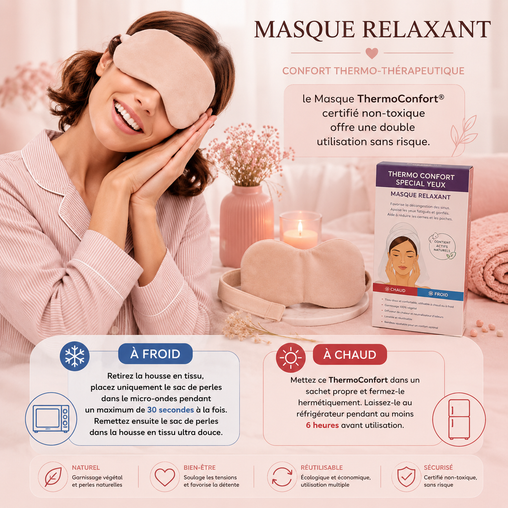 Masque yeux relaxant chauffant Thermo Confort - Naturel en perles d'argile et charbon végétal - Effet relaxant