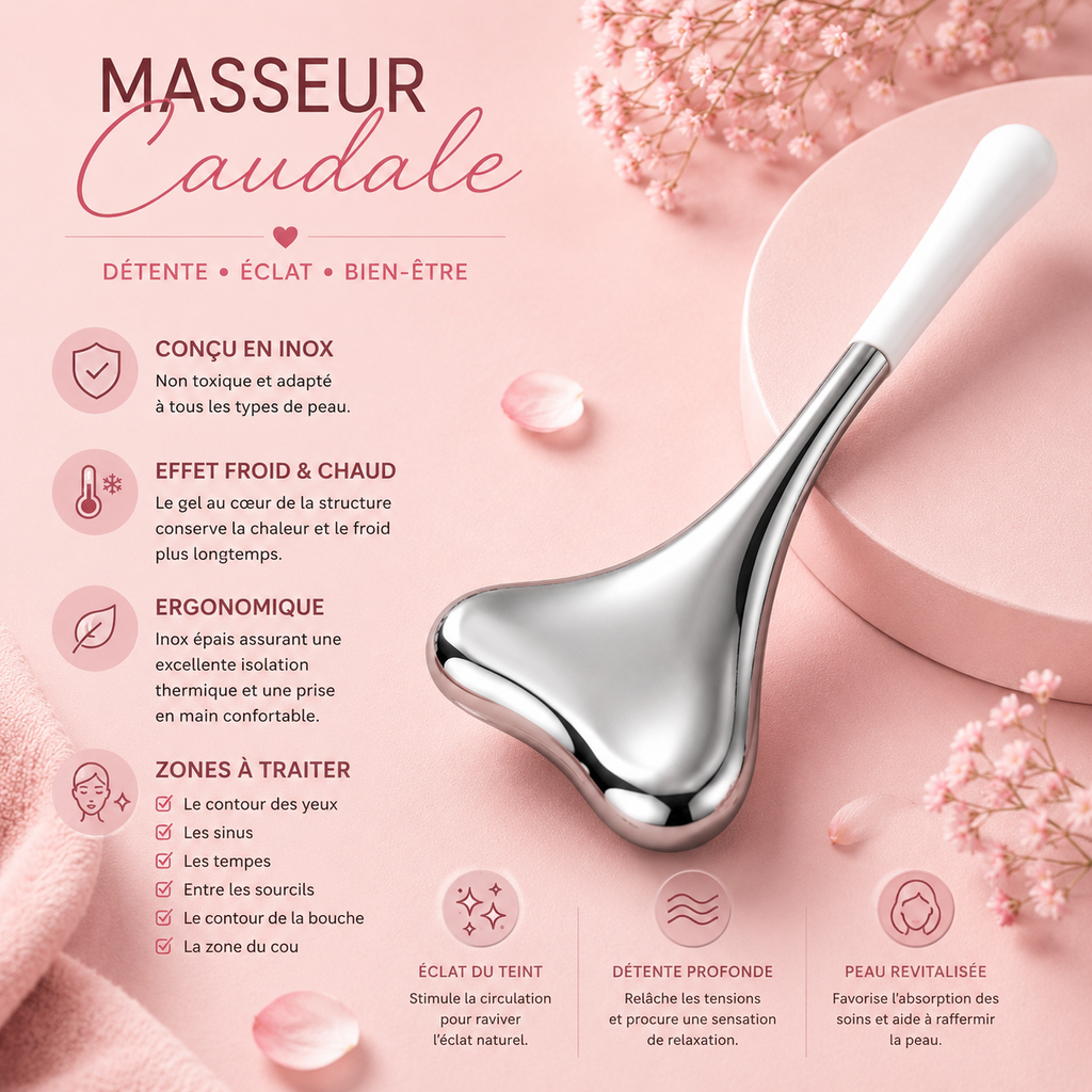 Masseur caudal gua sha thermothérapie & cryothérapie - Effet froid - Décongestionne, raffermit, anti-cernes, anti-poches