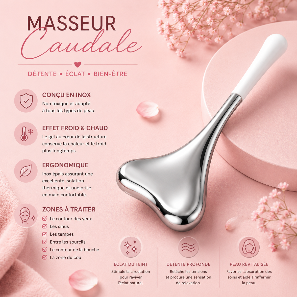 Masseur caudal gua sha thermothérapie & cryothérapie - Effet froid - Décongestionne, raffermit, anti-cernes, anti-poches