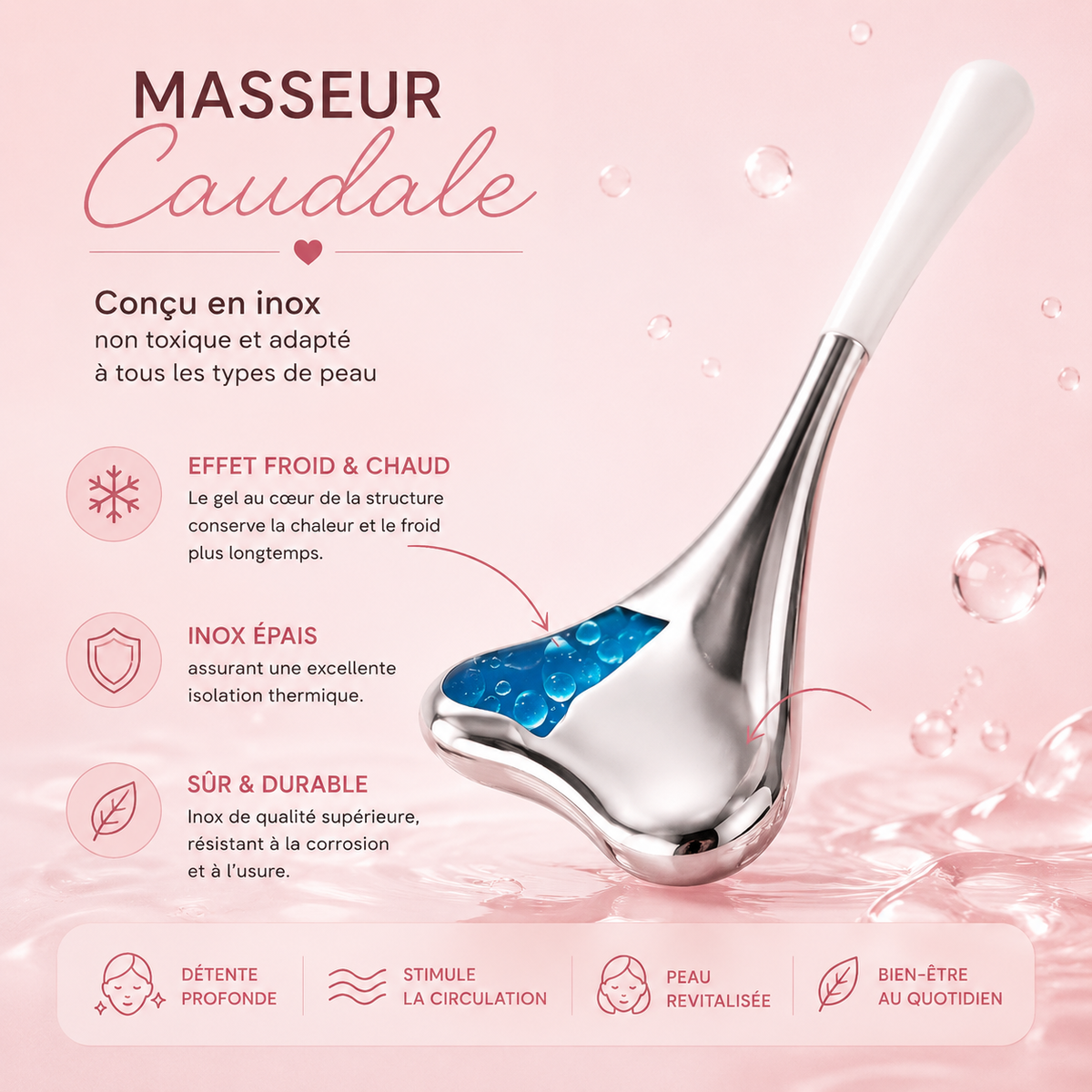 Masseur caudal gua sha thermothérapie & cryothérapie - Effet froid - Décongestionne, raffermit, anti-cernes, anti-poches