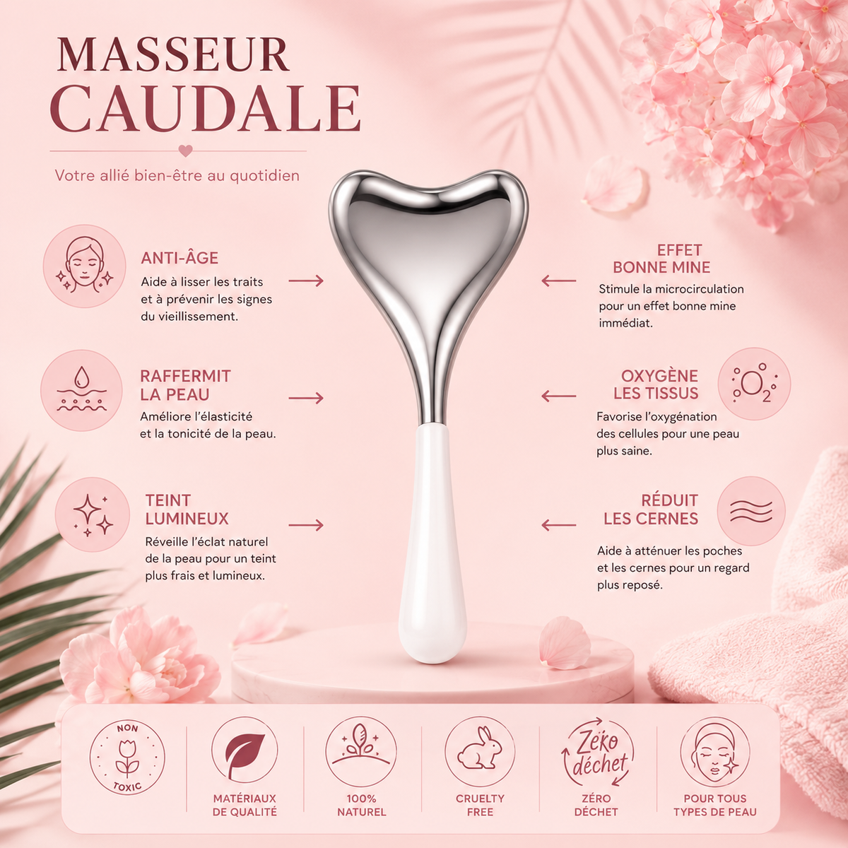 Masseur caudal gua sha thermothérapie & cryothérapie - Effet froid - Décongestionne, raffermit, anti-cernes, anti-poches