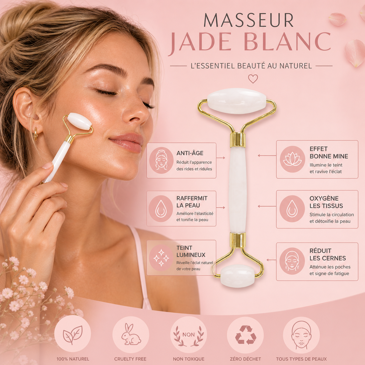 Roll-on visage en pierre de Jade Blanc + housse en lin