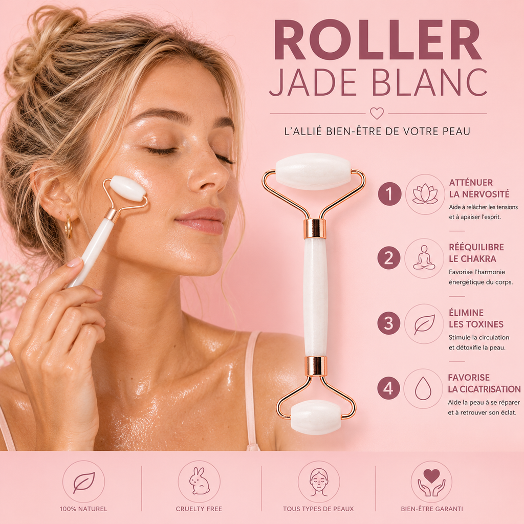 Roll-on visage en pierre de Jade Blanc + housse en lin