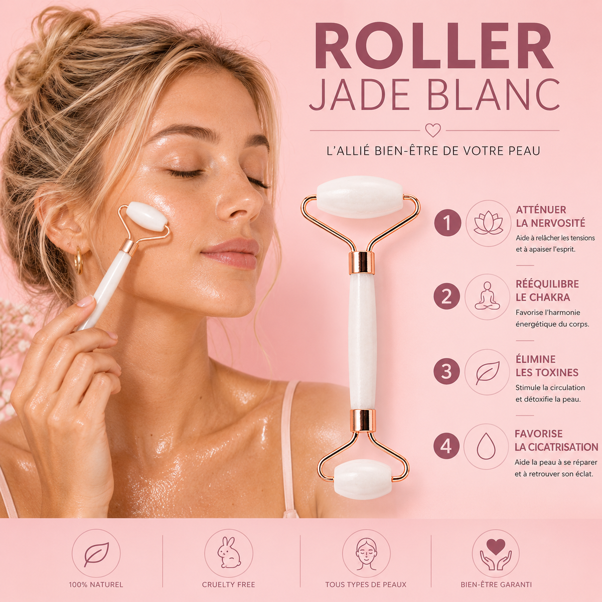 Roll-on visage en pierre de Jade Blanc + housse en lin
