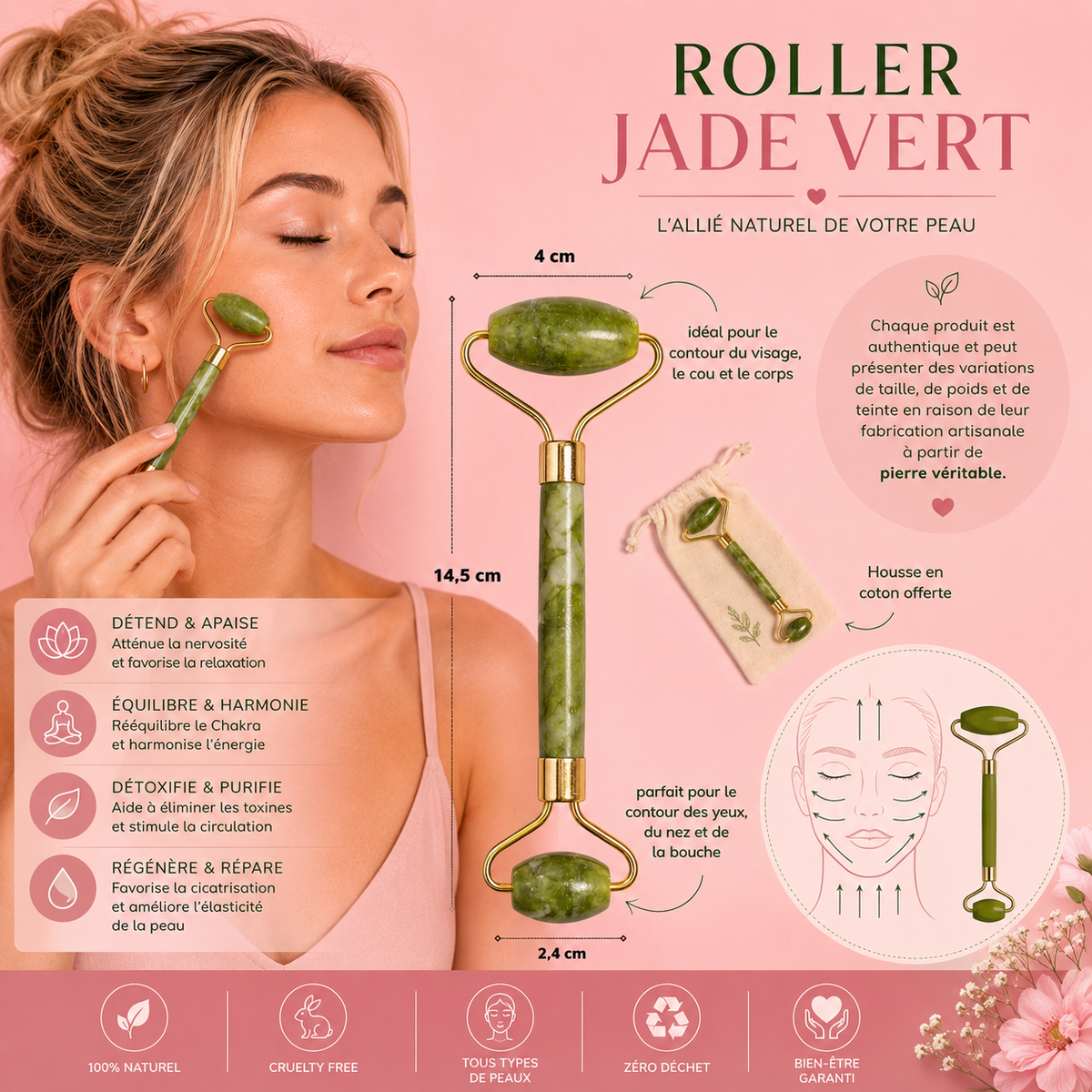 Roll-on visage en pierre de Jade Vert + housse en lin