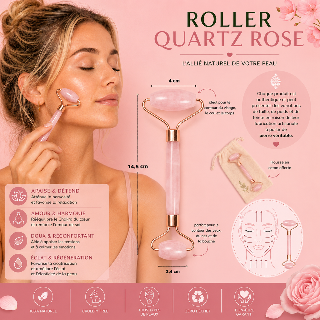 Roll-on visage en Quartz rose + housse en lin
