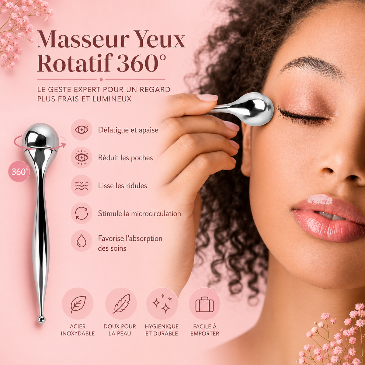 Roller massage EyeRevive360 visage et contour des yeux - Anti-cernes, anti-poches