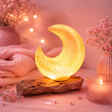 Lampe artisanale d'Indonésie lueur flottante, base en bois - Abat-jour Demi-lune craquelée – Gris