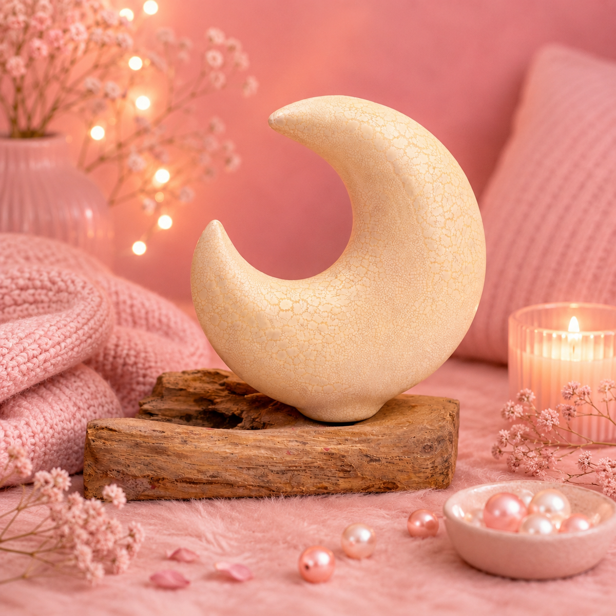 Lampe artisanale d'Indonésie lueur flottante, base en bois - Abat-jour Demi-lune craquelée – Gris