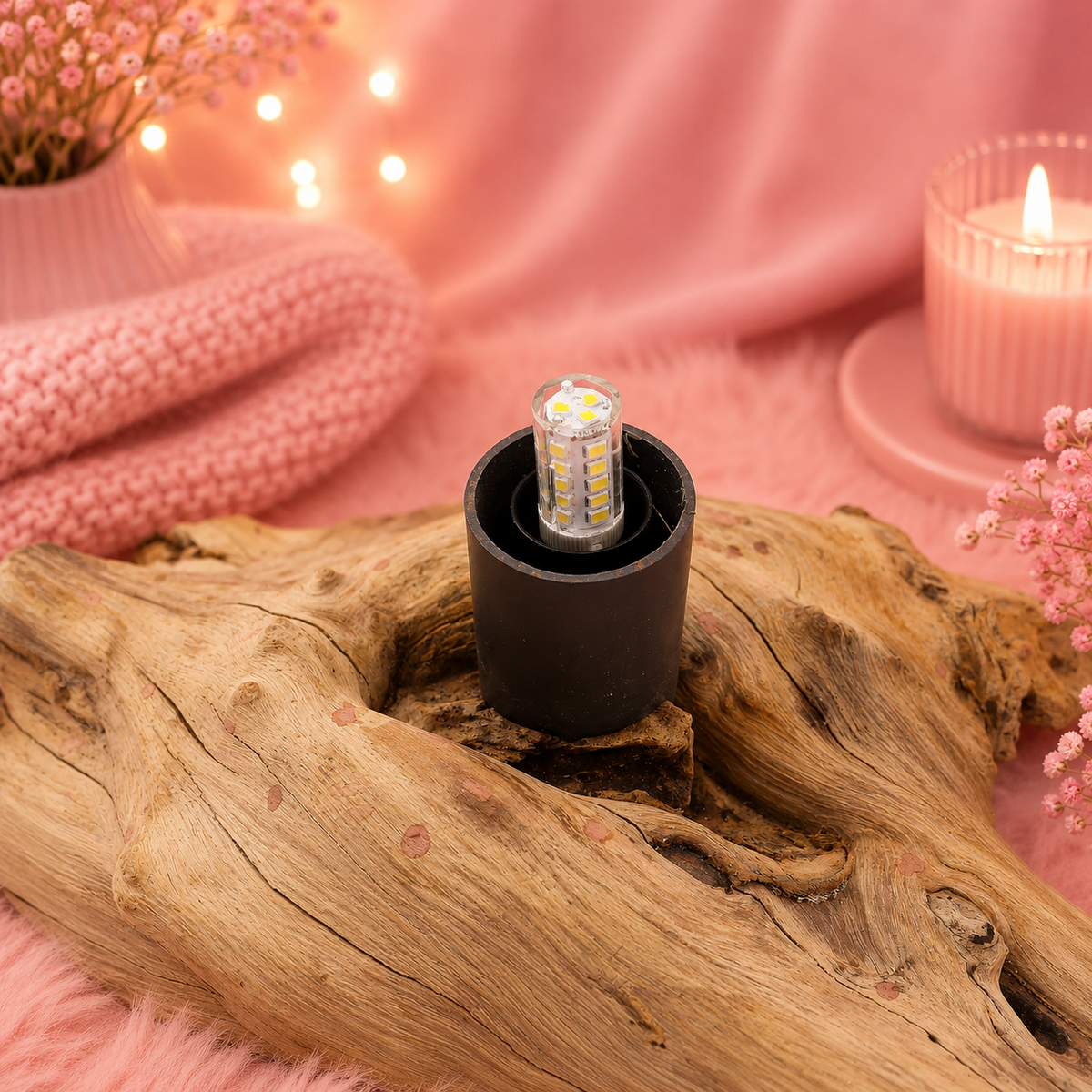 Lampe artisanale d'Indonésie lueur flottante, base en bois - Abat-jour Demi-lune craquelée – Gris