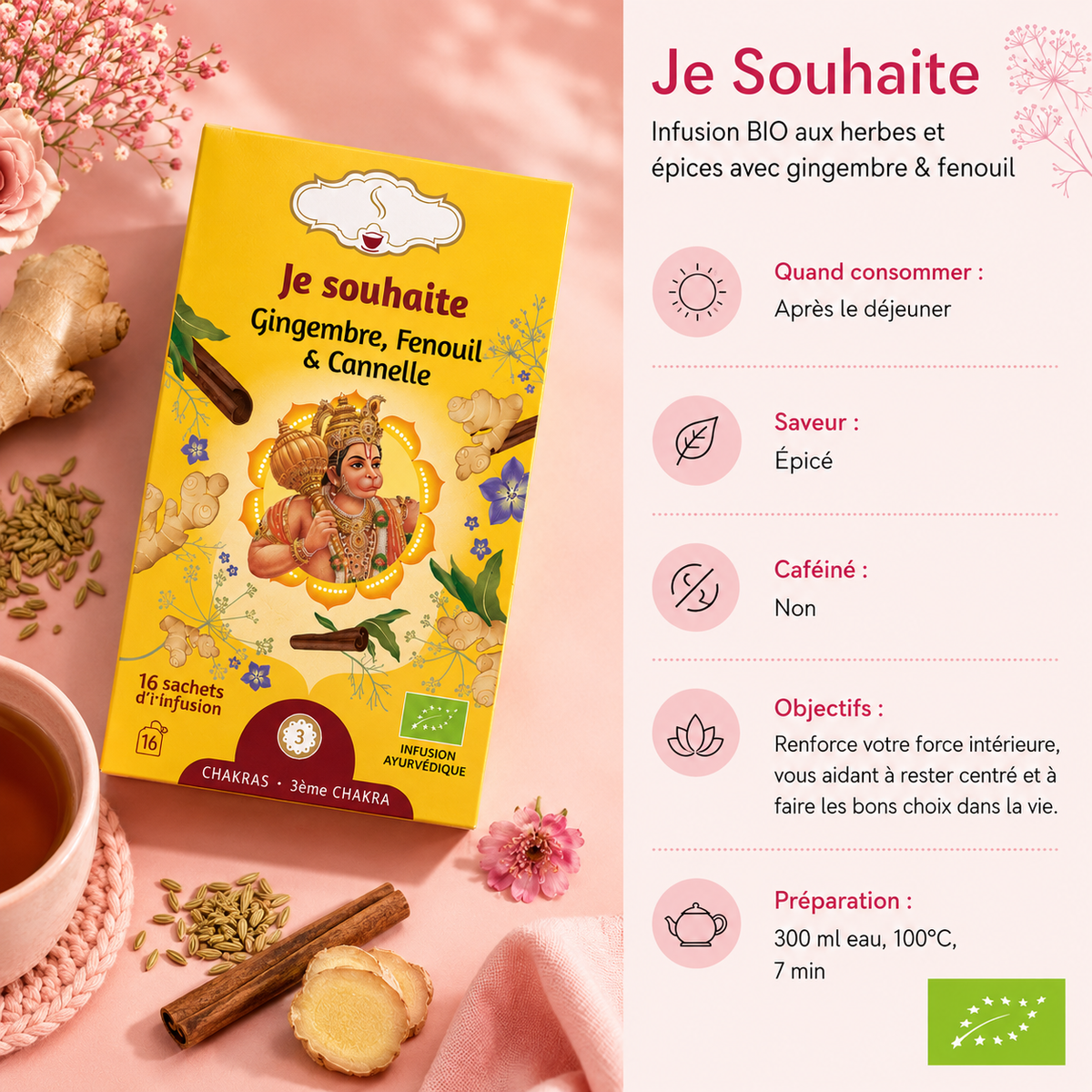 Tisane matinale "JE SOUHAITE" - Moment de détente après repas - 3e chakra
