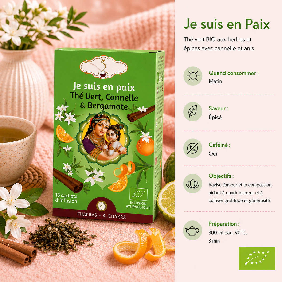 Tisane matinale "JE SUIS EN PAIX" - Favorise la joie, la dévotion, l'estime de soi et la reconnaissance - 4e chakra