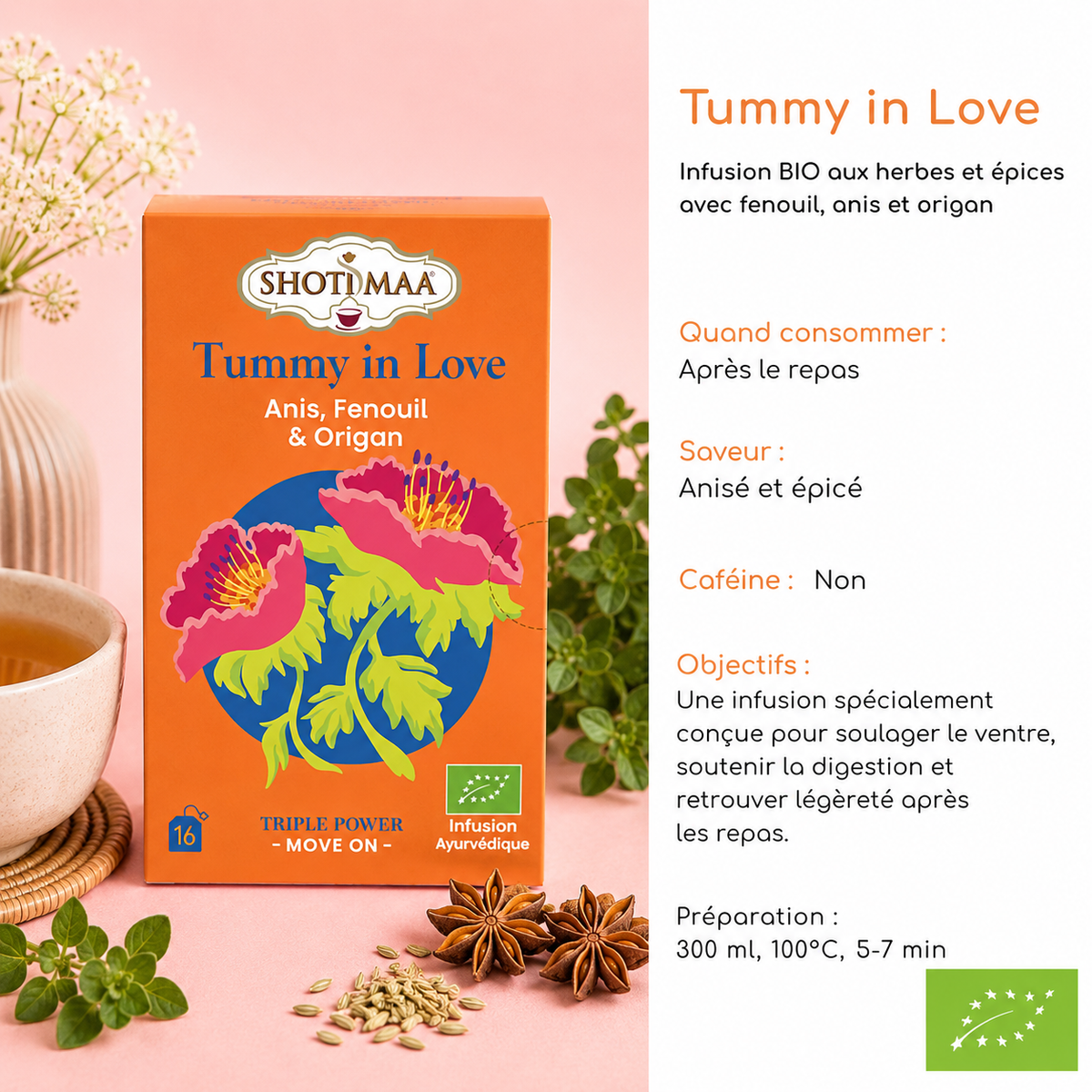 Tisane "TUMMY IN LOVE" - Digestive, réconfortante, apaise le ventre, favorise la digestion et apporte chaleur et légèreté