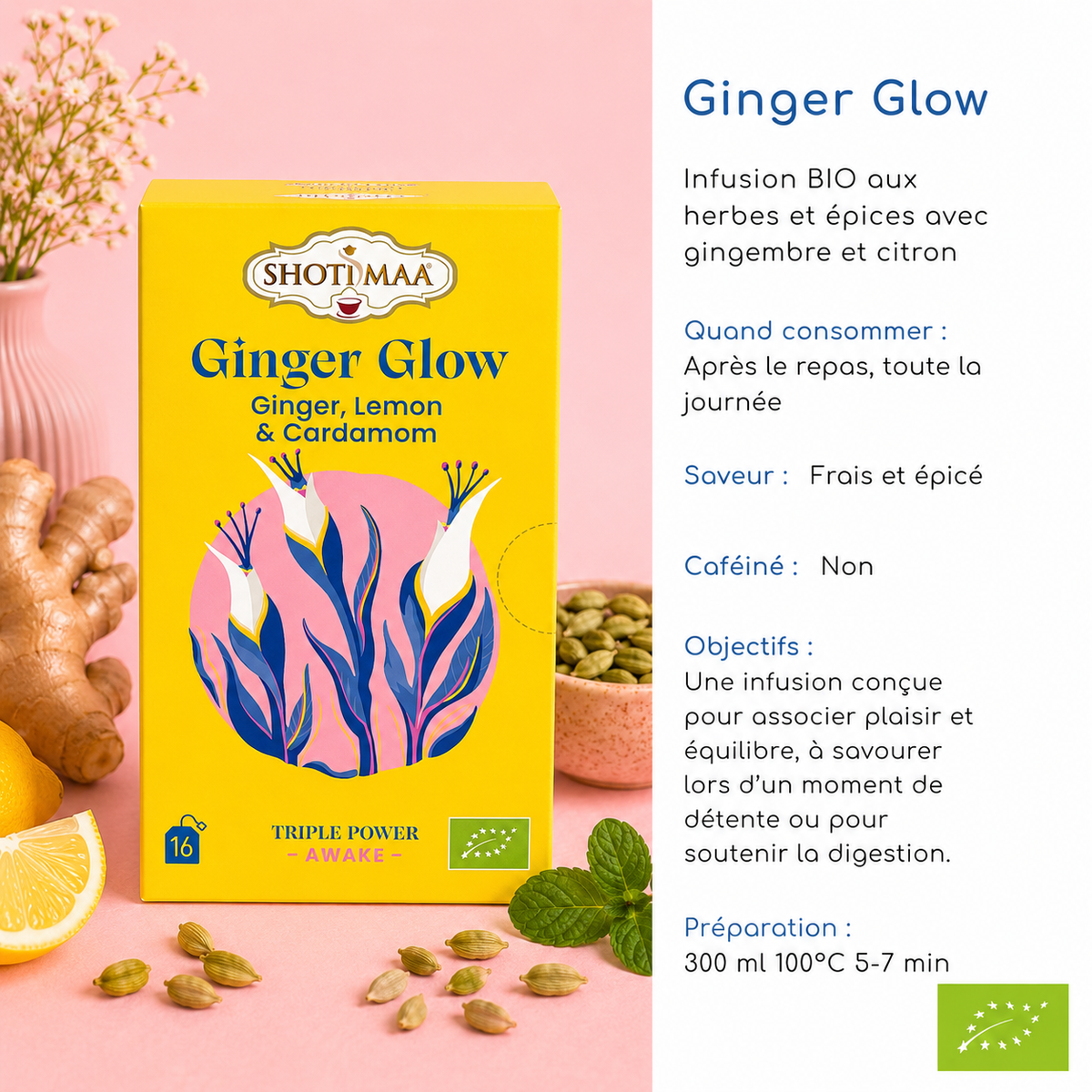 Tisane "GINGER GLOW" - Revitalise l'organisme, équilibre la digestion & redonne énergie et vitalité