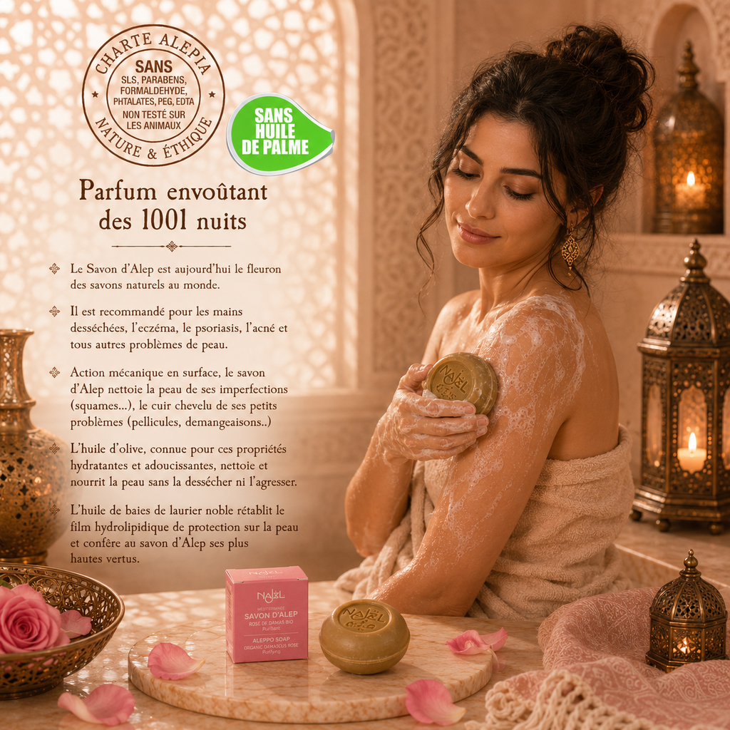 Savon d'Alep à l'huile de rose de Damas – (eczéma, psoriasis, acné, etc.) - 100 g
