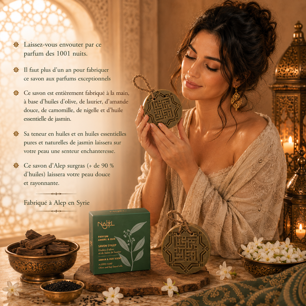 Savon d'Alep AMBRE & BOIS DE OUD avec corde - 150 g