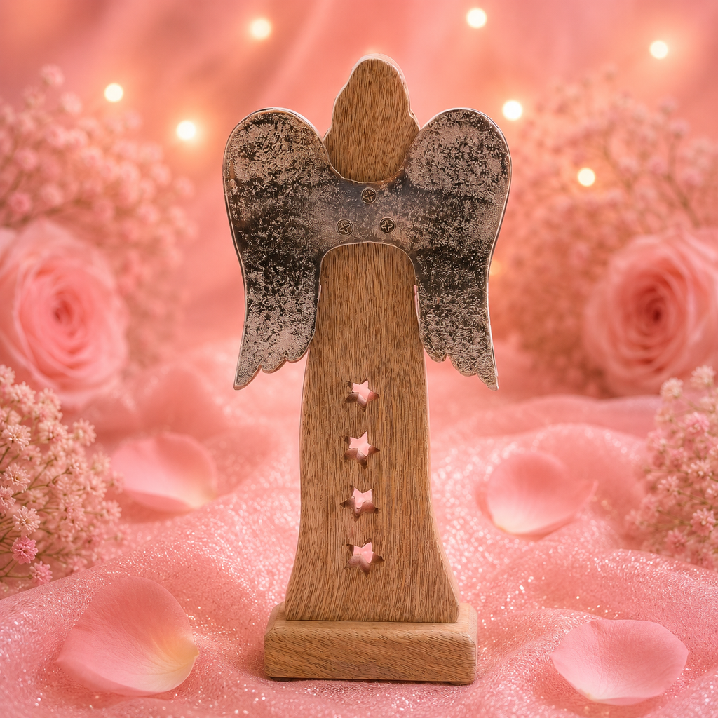Ange avec grandes ailes de la paix en bois de manguier et détails en émail - 30 cm