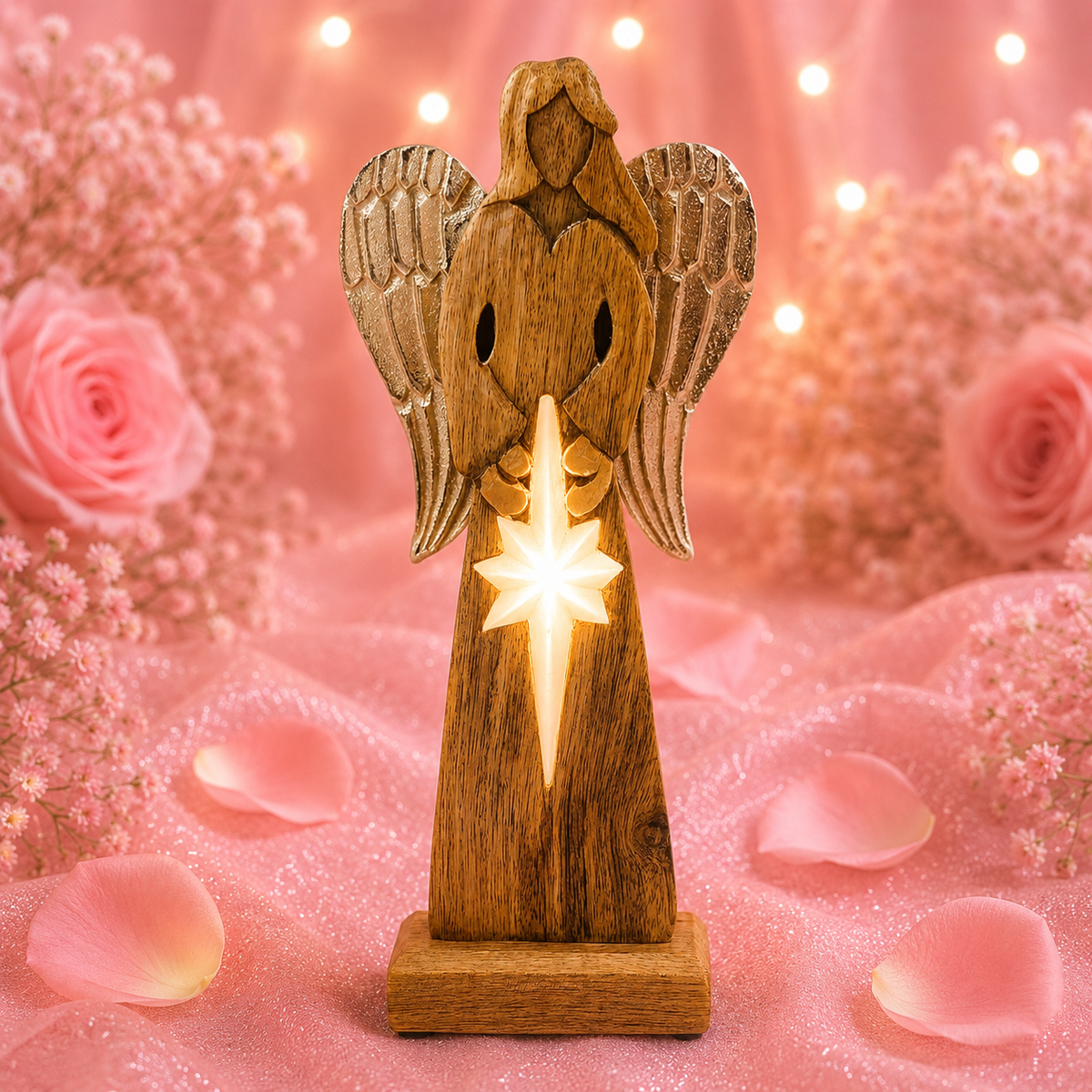 Ange avec grandes ailes de la paix en bois de manguier et détails en émail - 30 cm