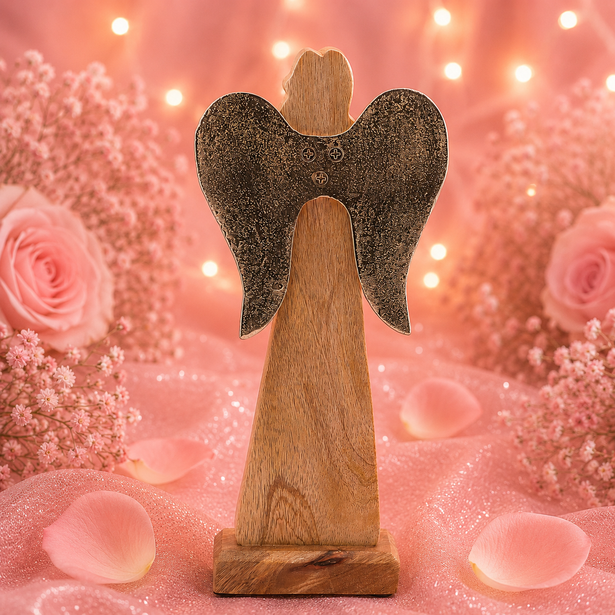 Ange avec grandes ailes de la paix en bois de manguier et détails en émail - 30 cm