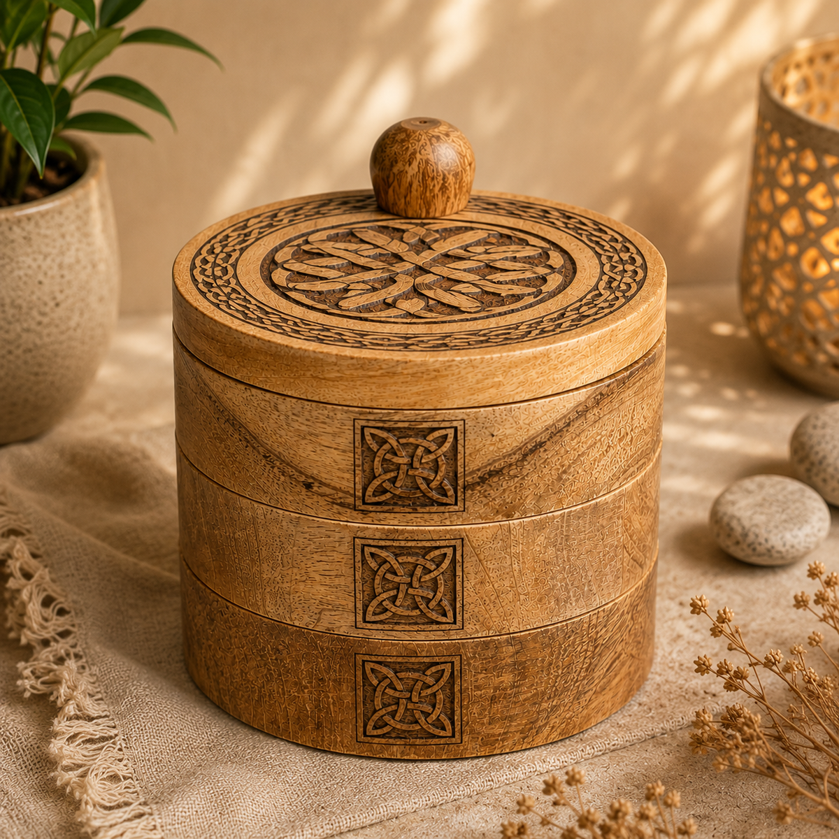 Boîte celtique à 3 niveaux rotative sculptée en bois de manguier