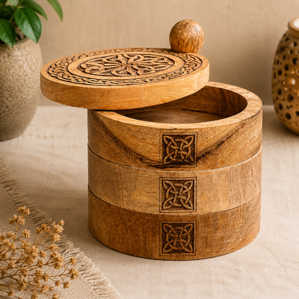 Boîte celtique à 3 niveaux rotative sculptée en bois de manguier