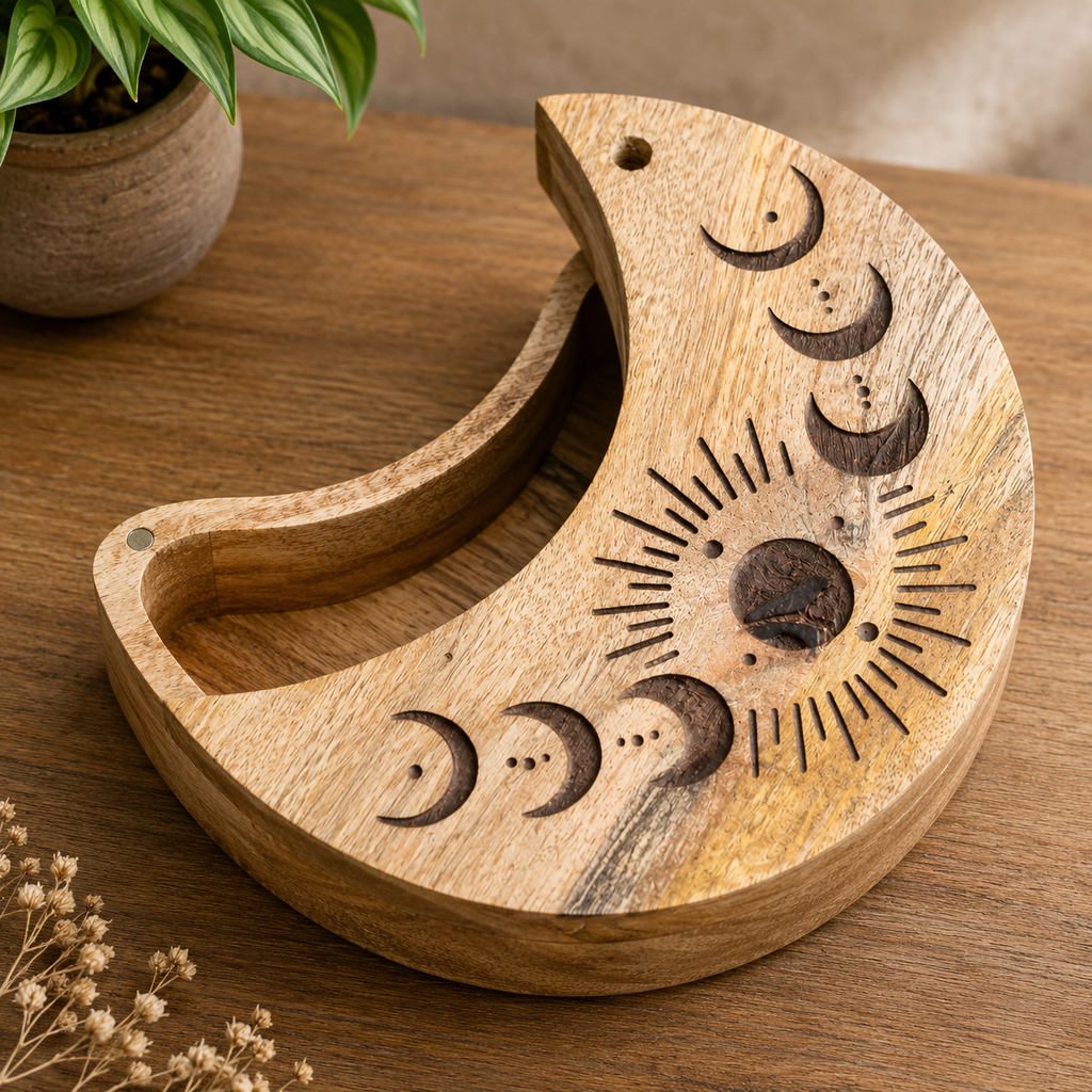 Boîte coulissante en forme de Lune en bois de manguier