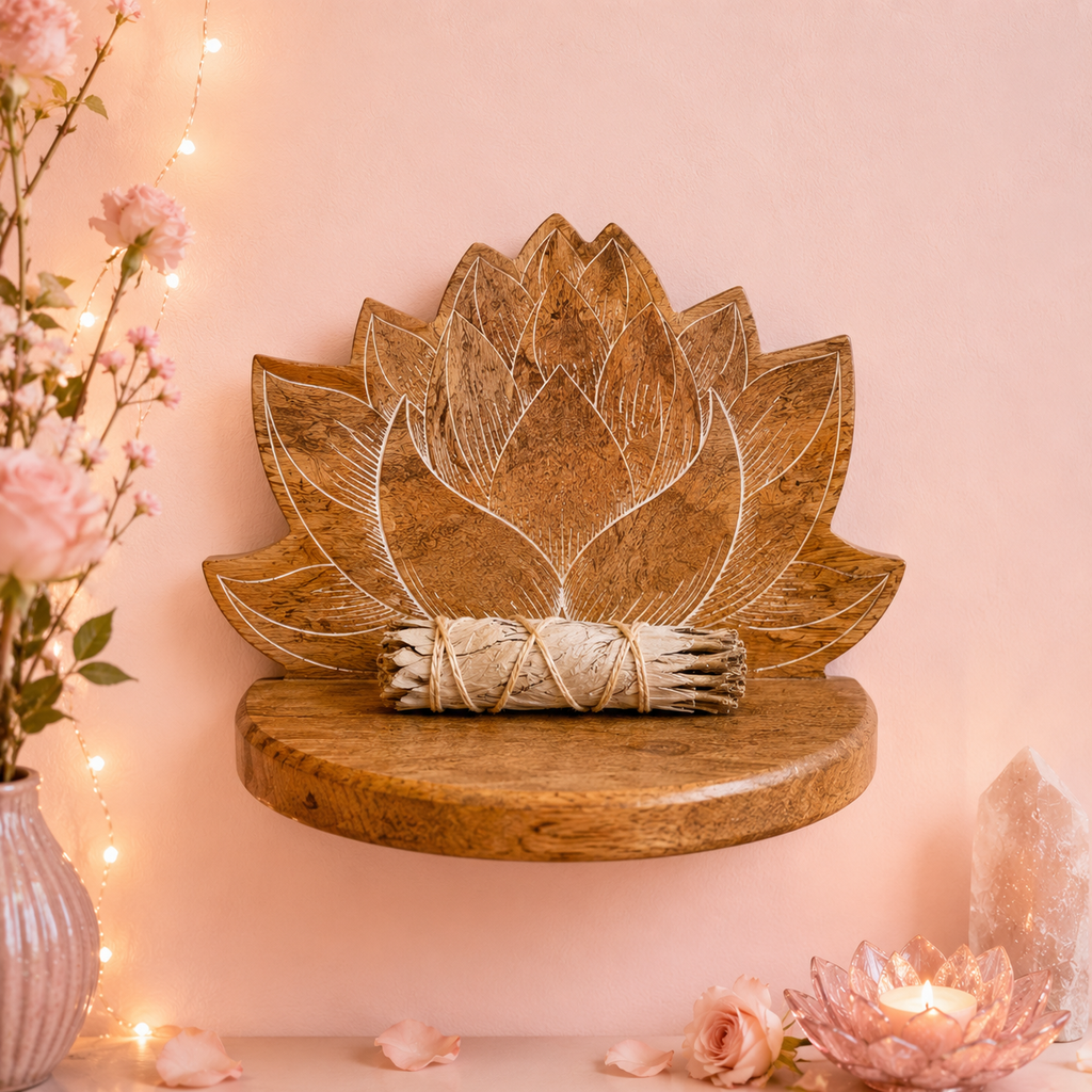 Étagère murale Lotus blanc patiné en bois de manguier (38x16x28 cm)