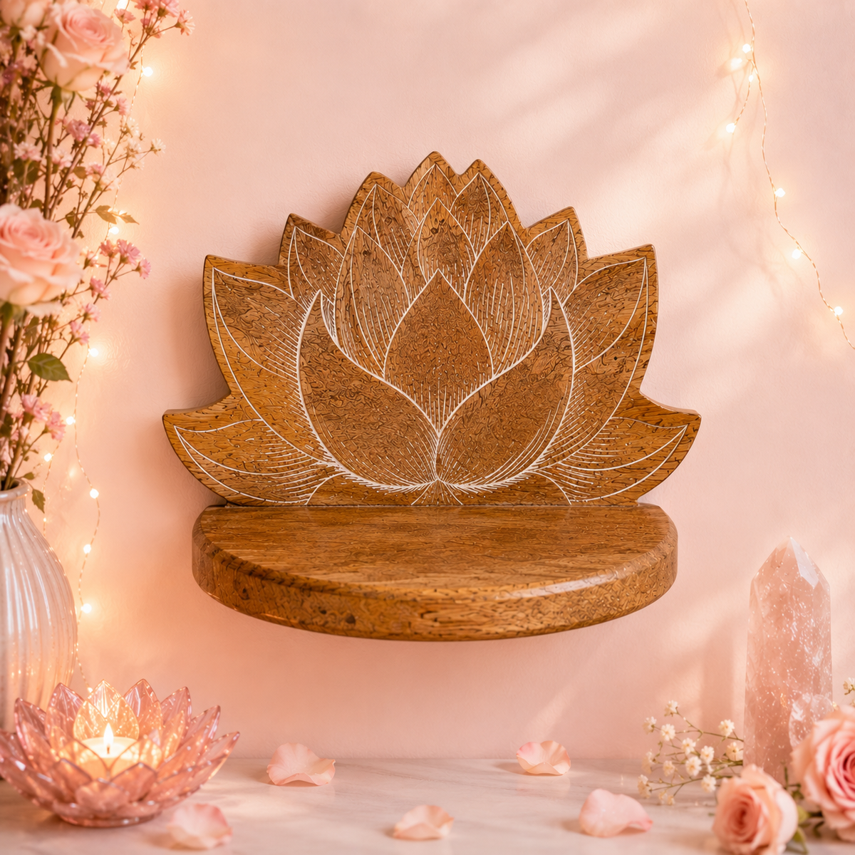 Étagère murale Lotus blanc patiné en bois de manguier (38x16x28 cm)