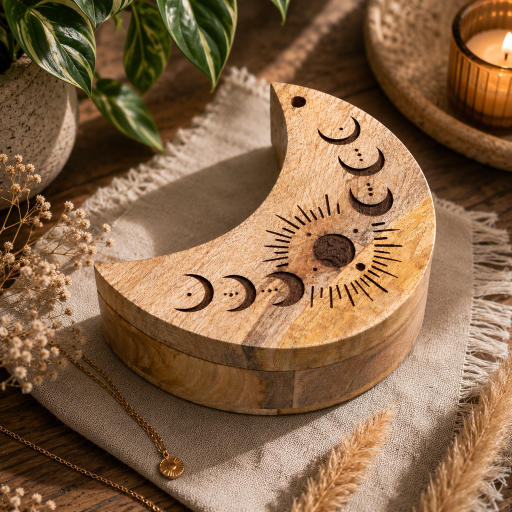 Boîte coulissante en forme de Lune en bois de manguier