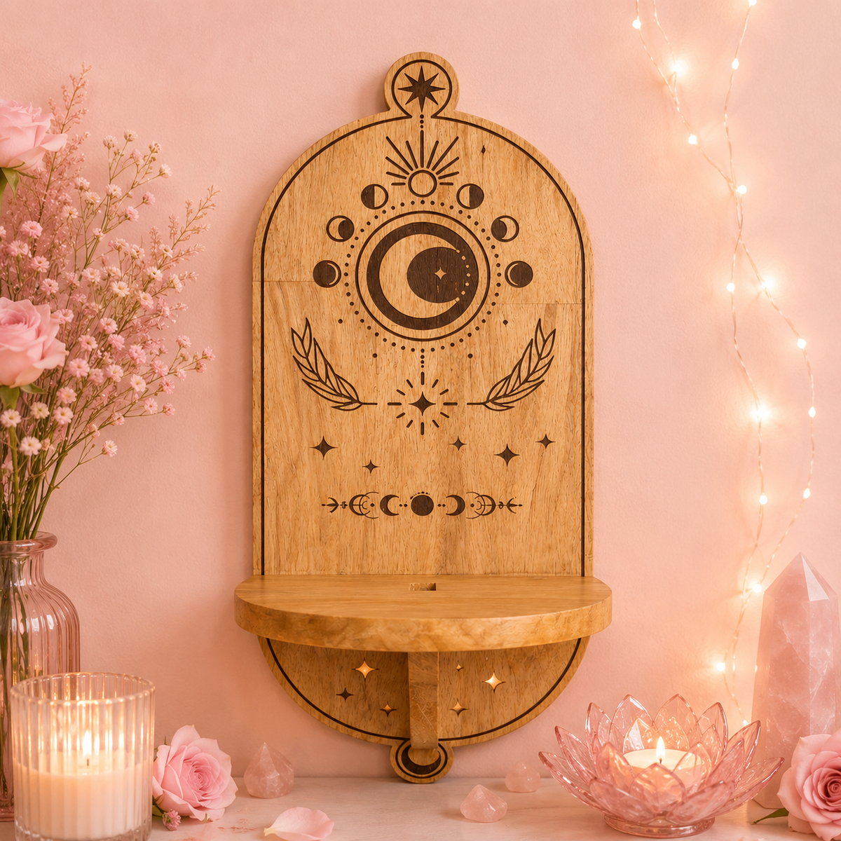 Étagère murale Arche sculptée phases de Lune & Arbre de vie en bois de manguier (20x16x47 cm)