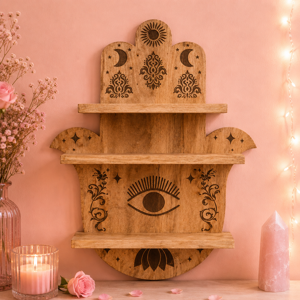 Étagère murale forme Main de Hamsa en bois de manguier (48x10x60 cm)