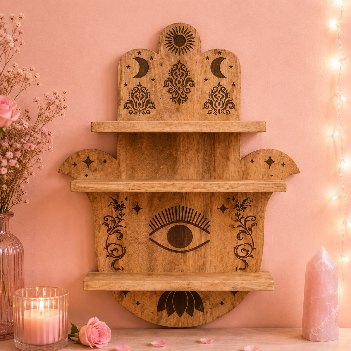 Étagère murale forme Main de Hamsa en bois de manguier (48x10x60 cm)