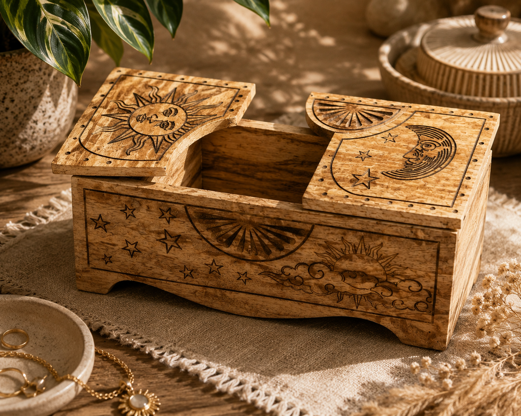 Boîte coulissante sculptée Soleil & Lune en bois de manguier
