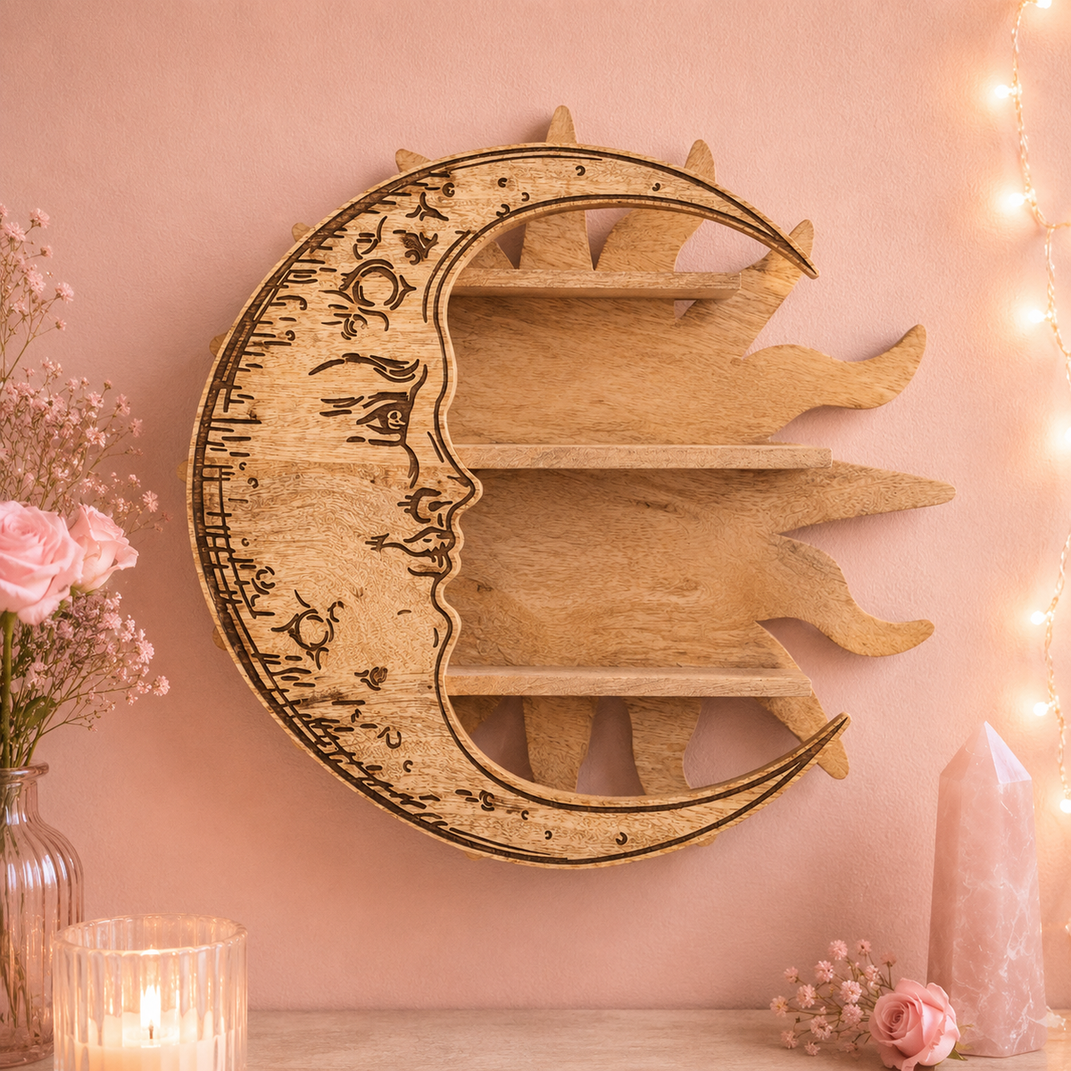 Étagère murale 3 niveaux Soleil & Lune en bois de manguier (45x11x45 cm)