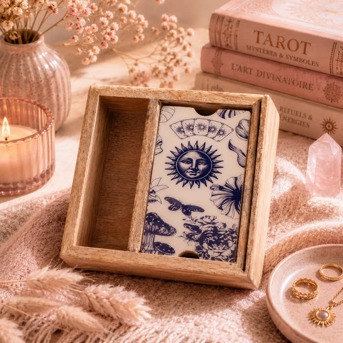 Boîte de tarot à 2 compartiments avec porte-cartes en bois de manguier