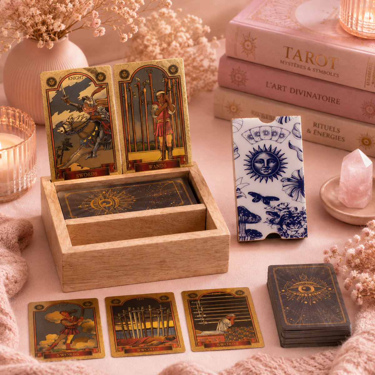 Boîte de tarot à 2 compartiments avec porte-cartes en bois de manguier