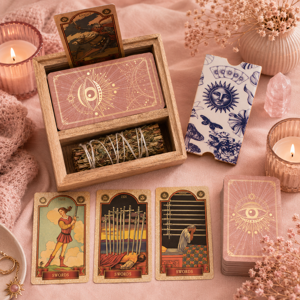 Boîte de tarot à 2 compartiments avec porte-cartes en bois de manguier