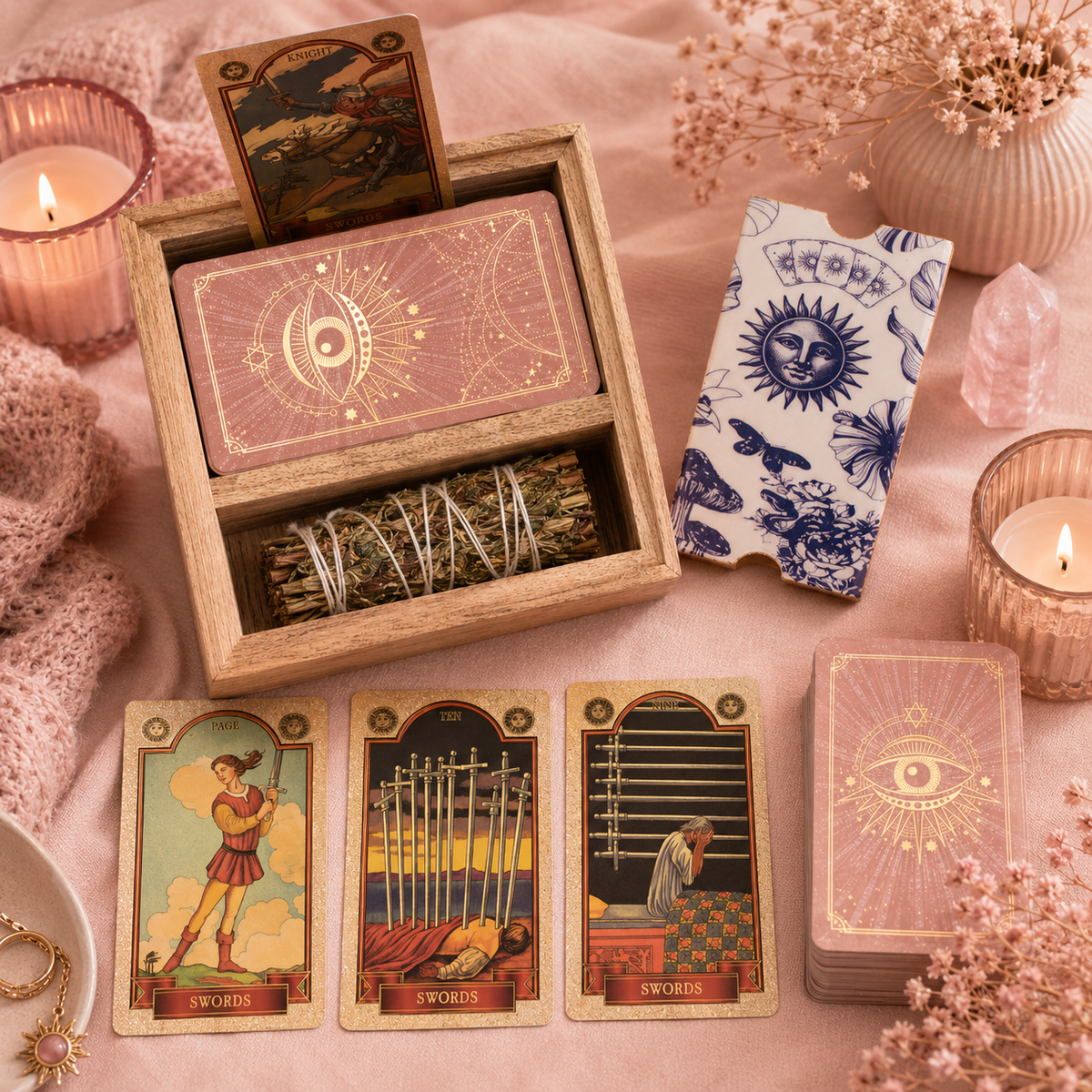 Boîte de tarot à 2 compartiments avec porte-cartes en bois de manguier