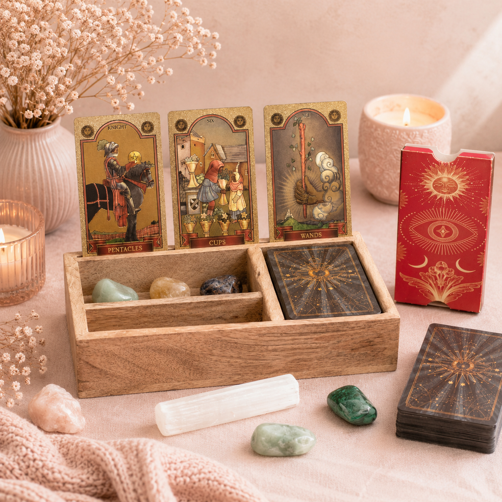 Boîte de tarot à 3 compartiments avec porte-cartes en bois de manguier