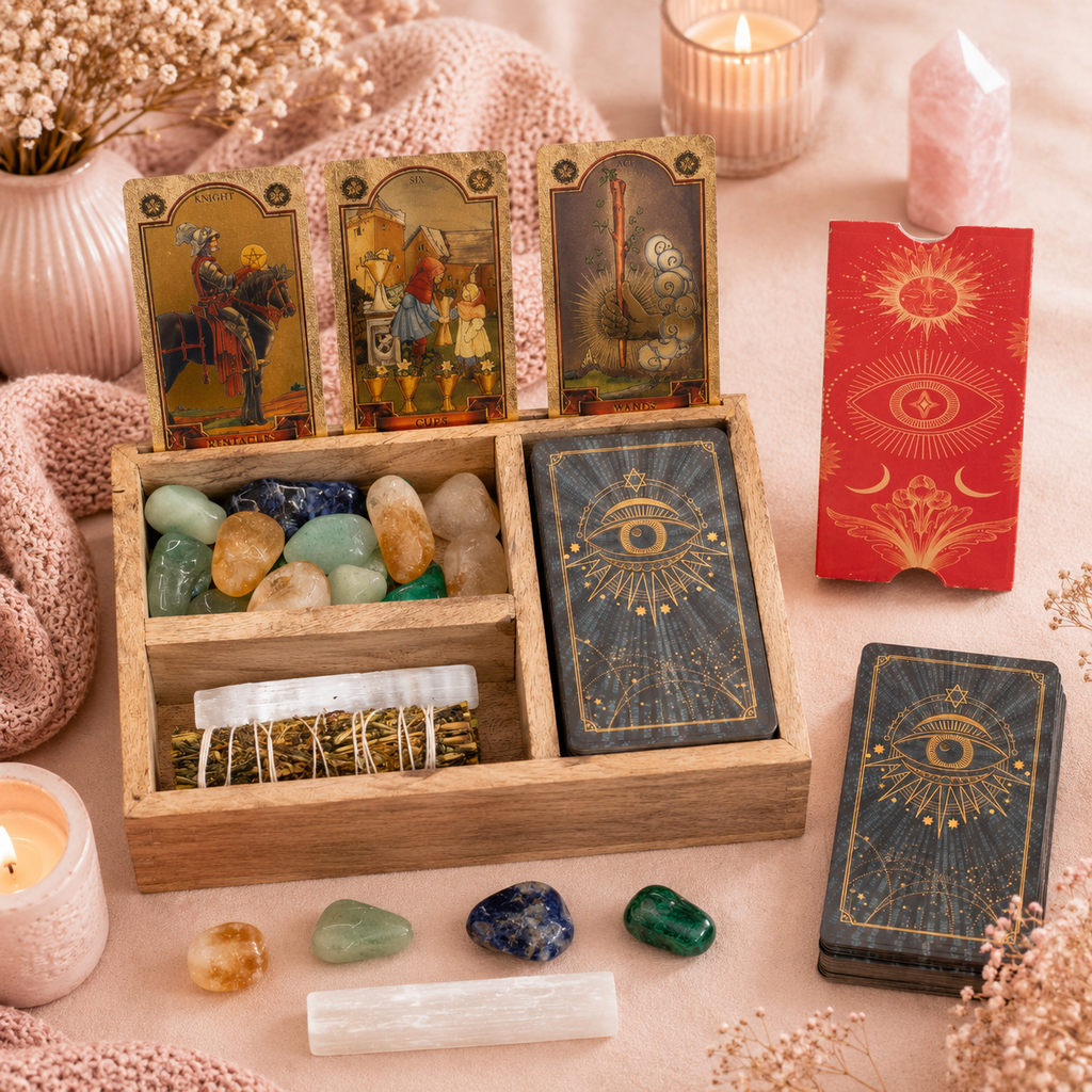 Boîte de tarot à 3 compartiments avec porte-cartes en bois de manguier