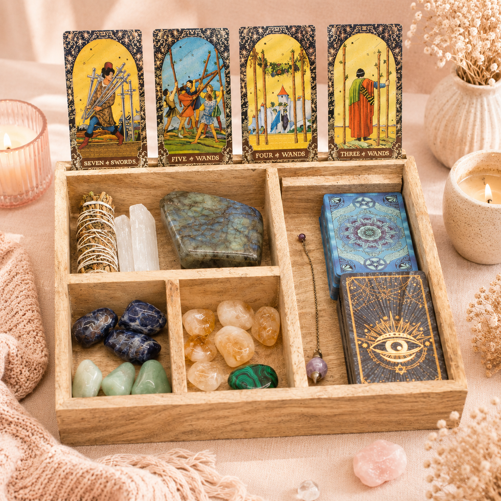 Boîte de tarot à 4 compartiments avec porte-cartes en bois de manguier