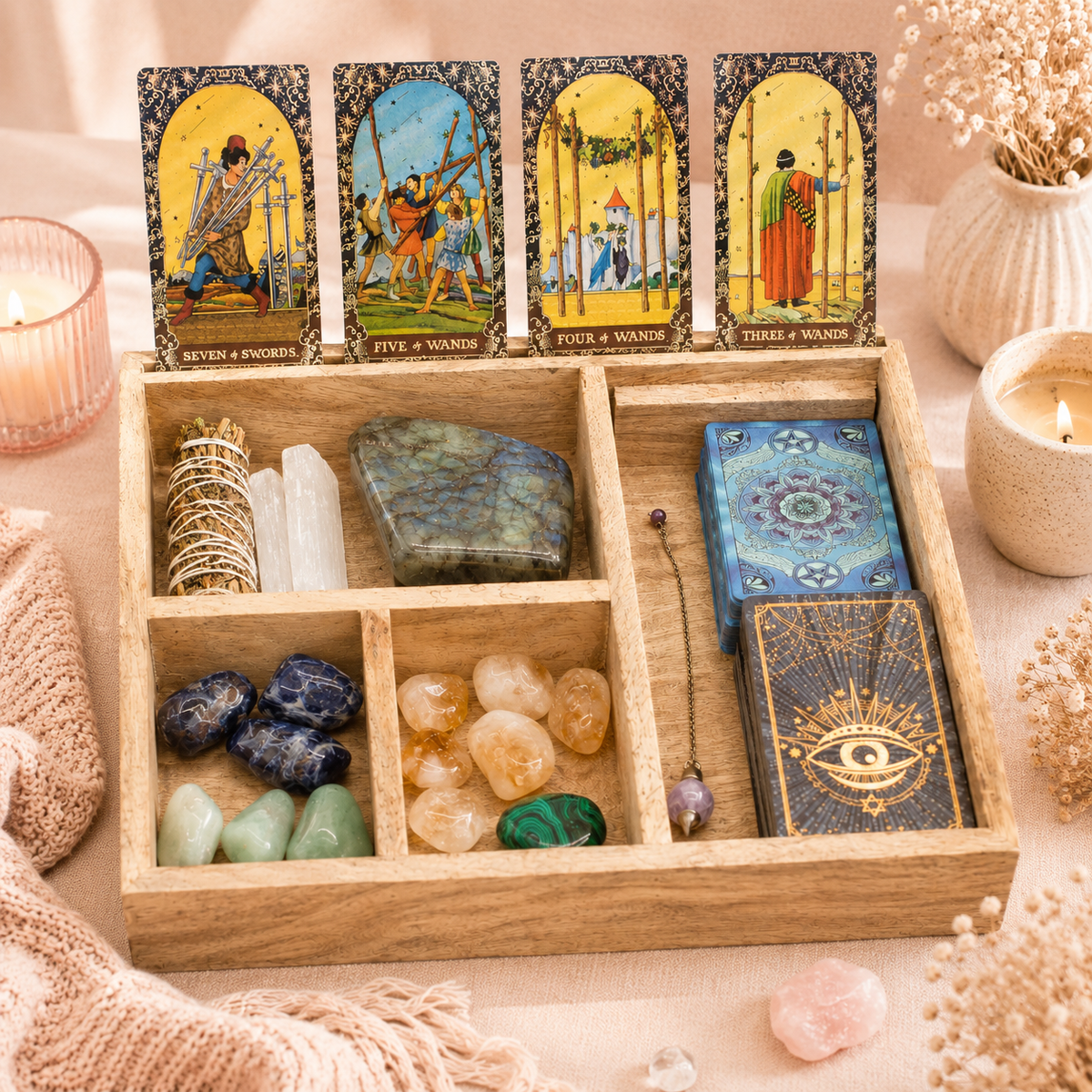Boîte de tarot à 4 compartiments avec porte-cartes en bois de manguier