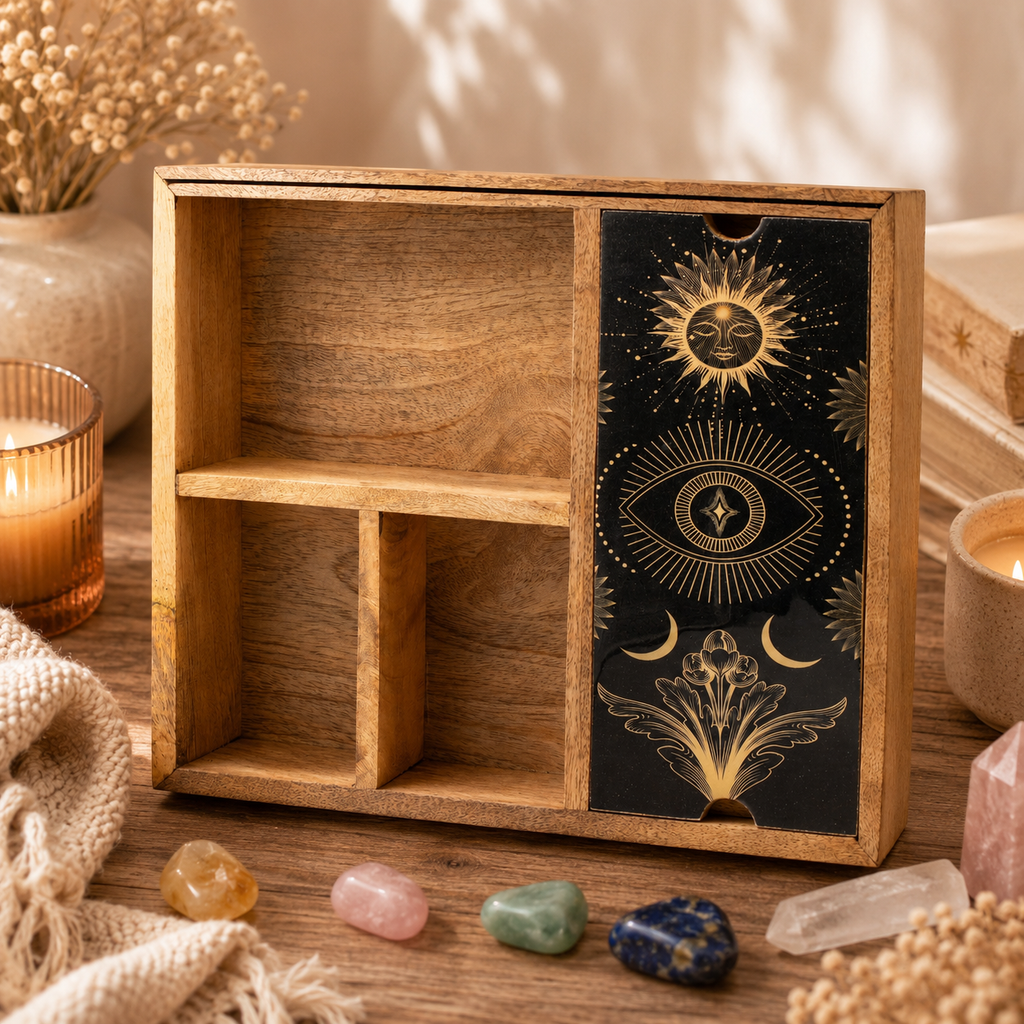 Boîte de tarot à 4 compartiments avec porte-cartes en bois de manguier (noir)
