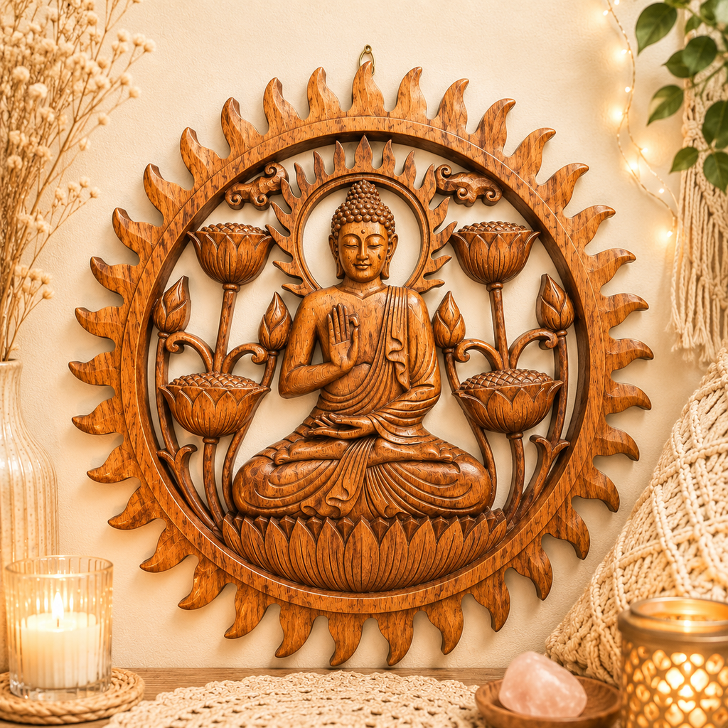 Panneau décoratif en bois sculpté balinais - Bouddha & Lotus (40 cm)