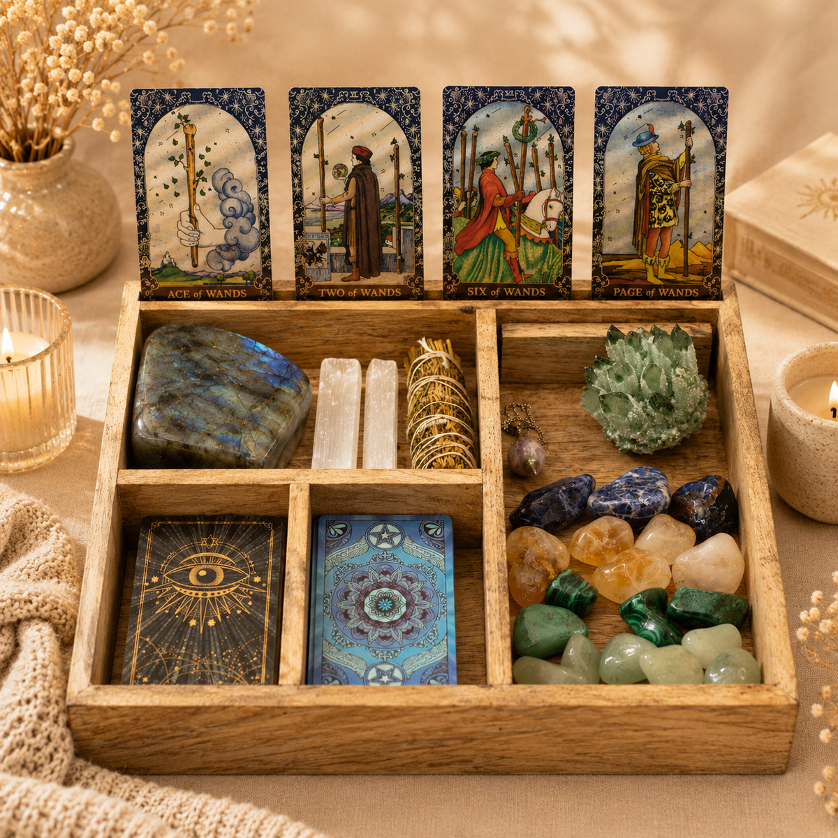 Boîte de tarot à 4 compartiments avec porte-cartes en bois de manguier (noir)