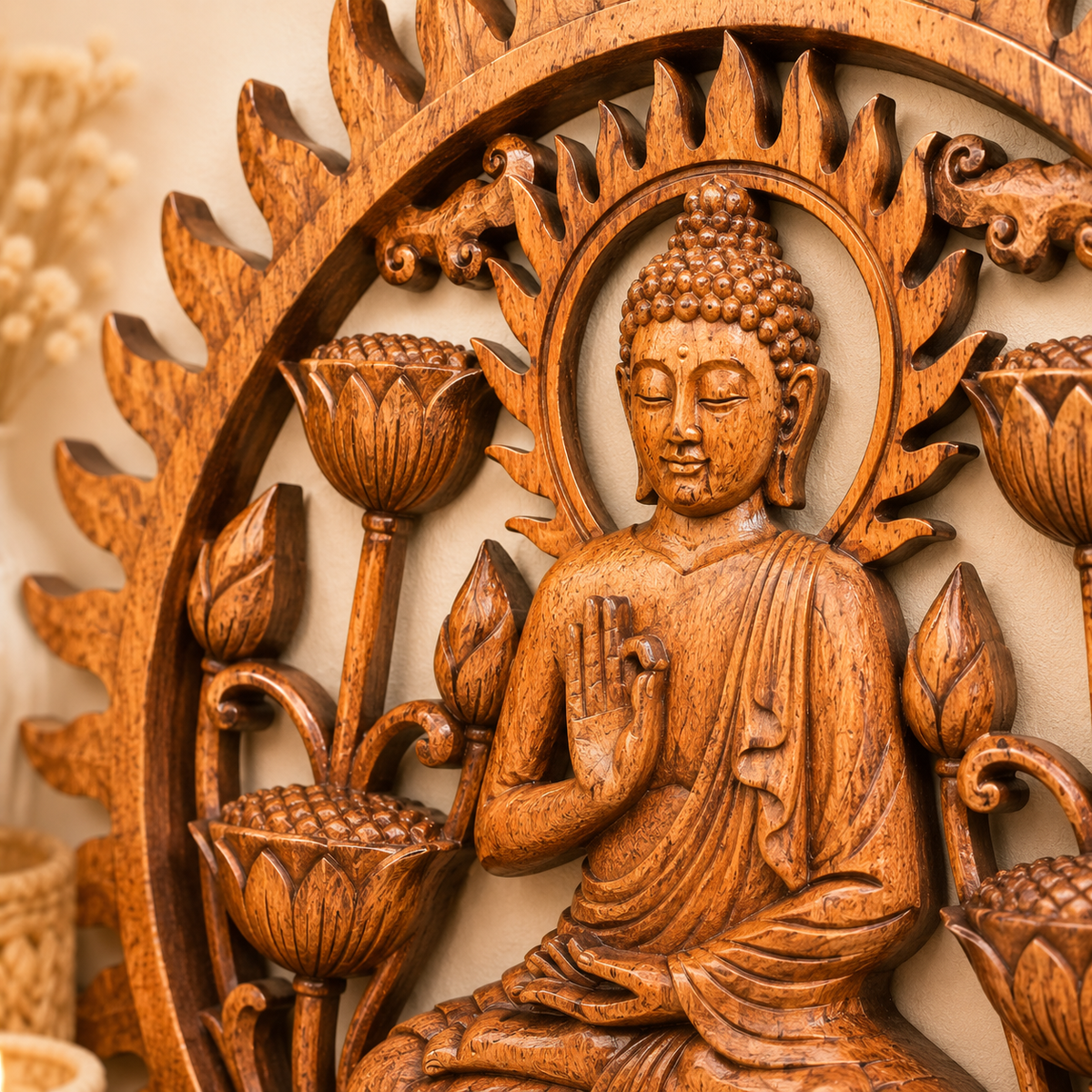 Panneau décoratif en bois sculpté balinais - Bouddha & Lotus (40 cm)