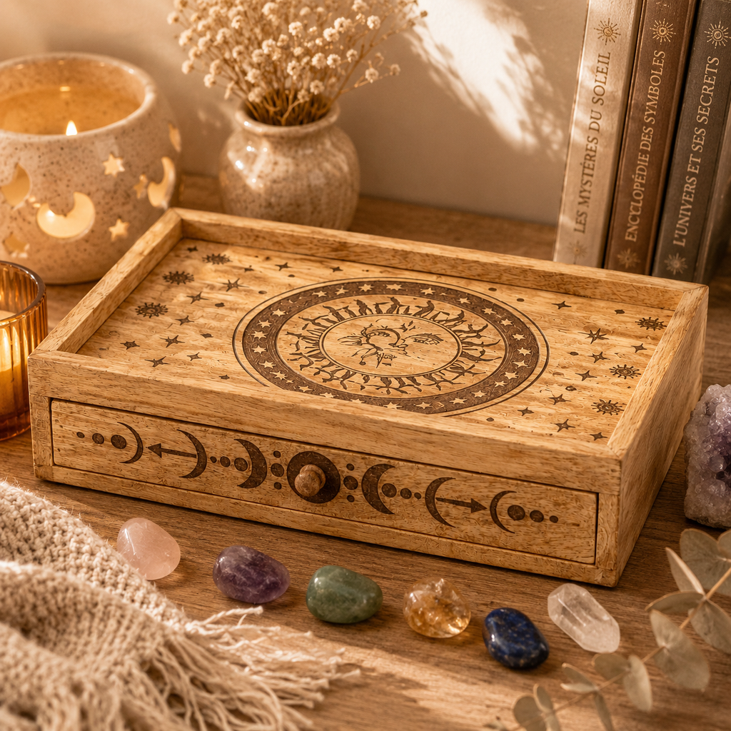 Boîte de tarot sculptée en bois de manguier Soleil & Lune avec tiroir