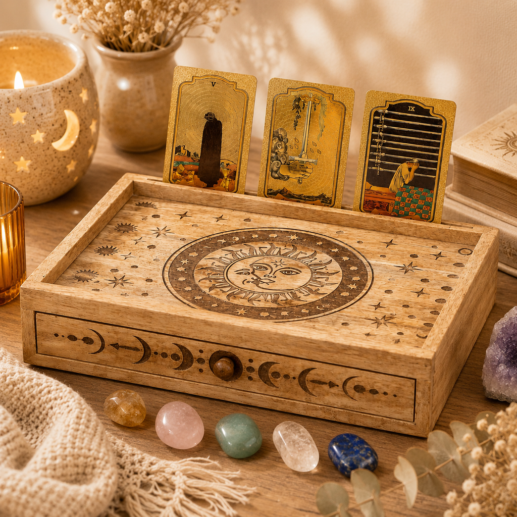 Boîte de tarot sculptée en bois de manguier Soleil & Lune avec tiroir