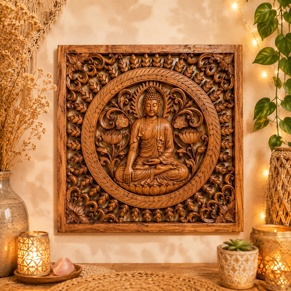 Panneau décoratif carré en bois sculpté balinais - Bouddha (40 x 40 cm)